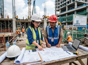 Seorang kontraktor dan arsitek sedang meninjau dokumen perizinan konstruksi di atas meja kerja